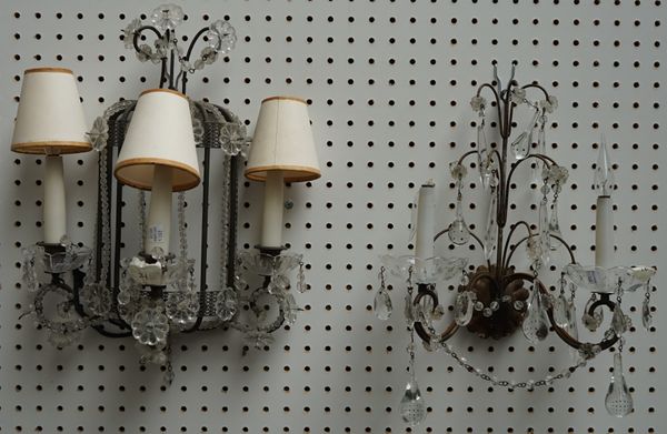 A set of four modern gilt metal and crystal mounted two branch wall lights and one similar larger pair of wall lights, 31cm high, (6).