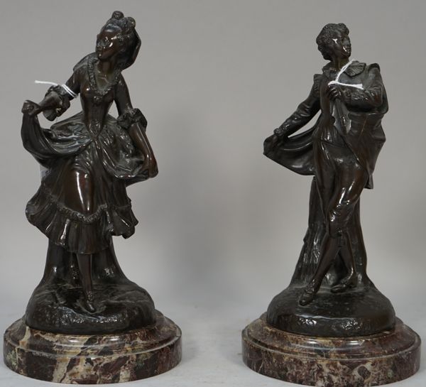 After Le Cornet, a pair of French bronze figures, late 19th century, cast as musicians and dancer, signed to the cast and raised on a rouge marble cir