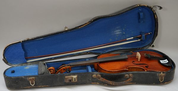 A violin, interior label detailed 'Neuner und Hornsteiner In Mittenwald 1876', back measures 13 inches, with bow and hardcase.