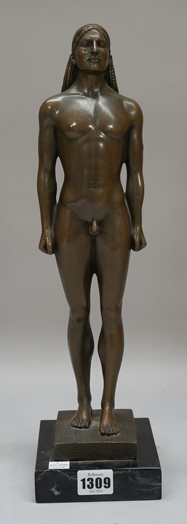 'Milo'; a patinated bronze male nude, early 20th century, signed 'MILO' to the cast, on a marble plinth, bronze 39cm high.