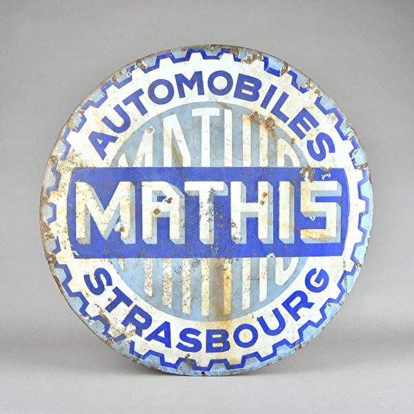 A French 'Mathis' automobile enamel circular sign, Strasbourg, 70cm diameter. (a.f.)  Illustrated