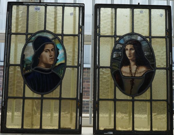 A pair of stained glass panels, 19th century, depicting opposing male and female portrait portraits- possibly Paolo and Francesca, 70cm x 42cm, (2).