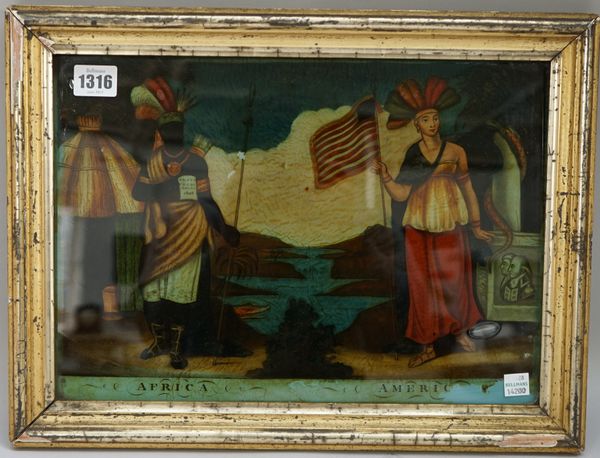 Two 19th century Mezzotints on glass titled 'Africa and America', 35cm x 25cm, 'Robinson Crusoe', 35cm x 25cm and a reverse glass oval of a coastal la