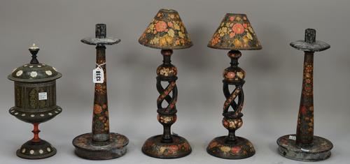 A pair of Kashmiri candlesticks, foliate painted decoration with hexagonal sconces and matched shades, 30.5cm high, a later pair with barley twist ste