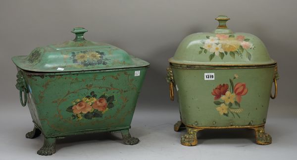 A Regency green painted tole peinte coal bin, redecorated 38.1cm wide and a Victorian coal box, green painted, approx. 41cm wide, (2).