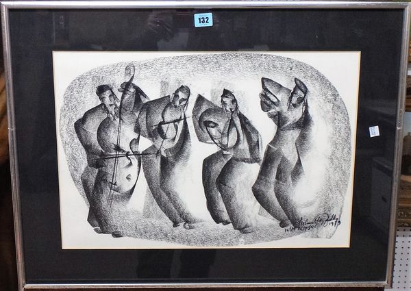 Continental School (20th century), Musicians, three, charcoal, indistinctly signed and dated 1973, various sizes.(3)