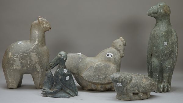 Seven Inuit style carved and polished stone animals, 20th century, signed either 'Marisa', 'Matemera' or 'Fanizan', the largest 48cm high, (7).