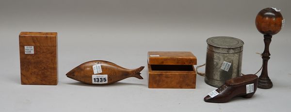 Treen collectables including; a Scandinavian wooden 'fish' snuff box, 15.5cm, two burr walnut boxes, a 19th century mahogany 'shoe' snuff box, a pewte