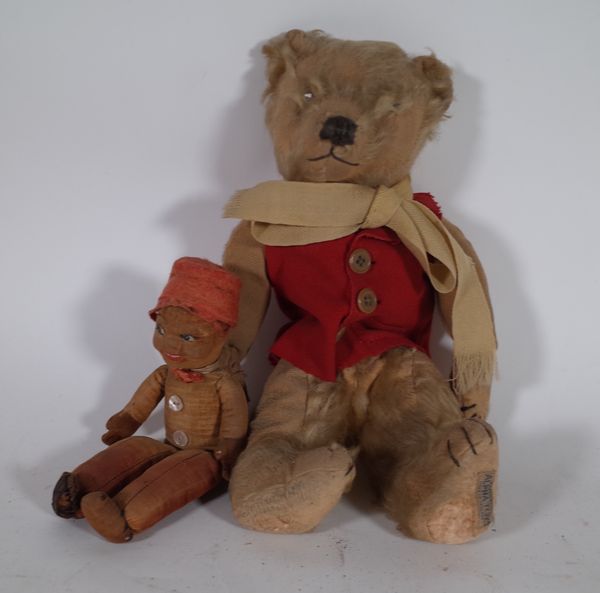 A "Farnel Alpha toys" vintage golden hot Teddy bear and a small early 20th century child's fabric doll, (2).