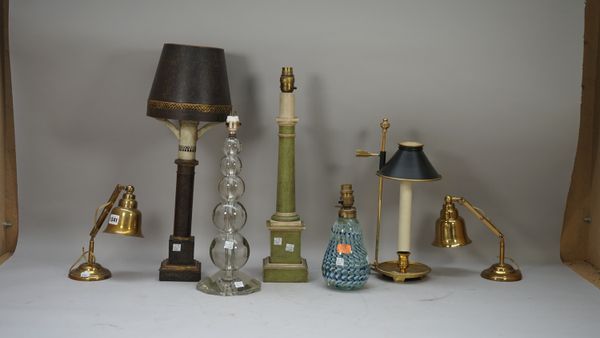 A pair of mid-20th century brass adjustable desk lamps, two glass table lamps, a modern gilt metal bouillotte style table lamp two further table lamps