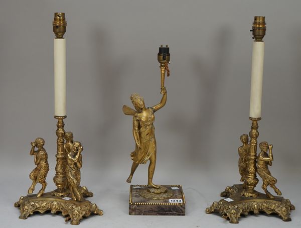 A late 19th/early 20th century ormolu lamp with breche niolette marble square base, 30cm high and a pair of gilt metal lamps, the bases with three sat