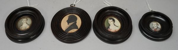 A group of four 18th/19th century portrait miniatures, depicting members of the Patten/Rose family, including three portrait miniatures on ivory of; J