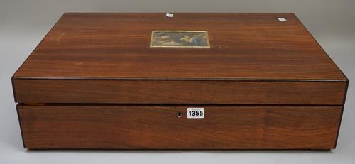 A modern Italian games compendium in a fitted mahogany case with hinged lid and compartmented interior with accessories, 60cm wide.