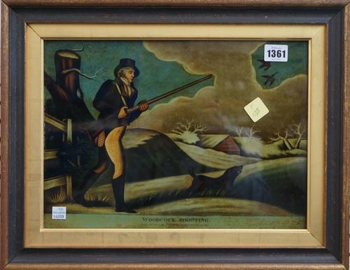 Four early 19th century reverse prints on glass, woodcock, pheasant, schoool mistress and Noah's Ark, framed and glazed, 40cm x 29cm, (4).