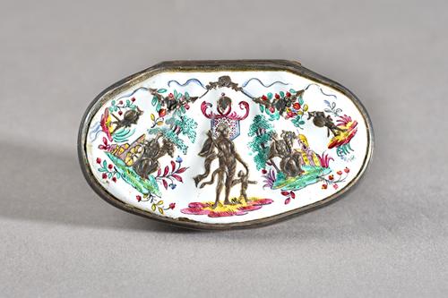 A French silver and enamel snuff box, silver guarantee mark post-1838, eagle head stamp, with all over figural and foliate design, the hinged lid open
