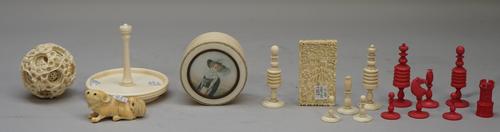 A French ivory dressing table box and cover, late 19th century, of circular form with a portrait to the lid (8.5cm), a late 19th century Cantonese car