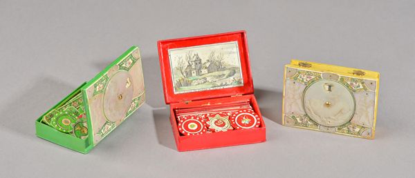 A set of three 18th century French ivory gaming boxes by Mariaval Le Jeune, Paris, circa 1720, each of rectangular shape, stained green, red and yello