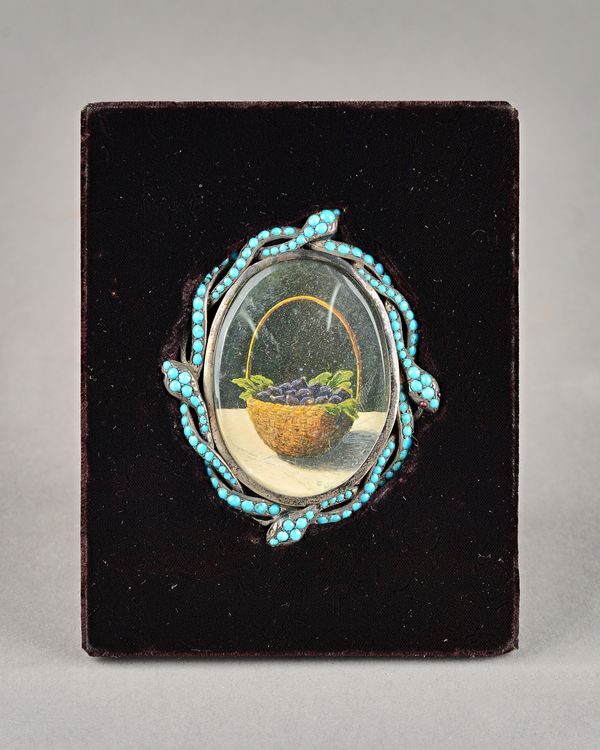 Fulco, Duca di Verdura (Italian 1898-1978), a miniature -"Basket of grapes", bodycolour, signed, oval 5.5cms high in a Victorian turquoise set scrolli