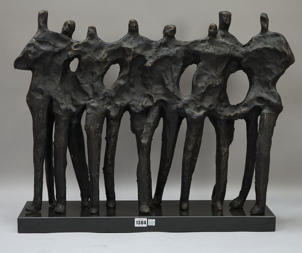 A composition figure group, late 20th century, bronzed colouring on a granite plinth, 66cm wide and another similar depicting three abstract female fi