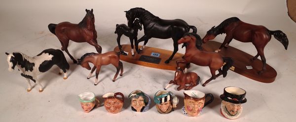 Ceramics, including: seven Beswick horses and six Royal Doulton miniature character mugs of various sizes, (11).