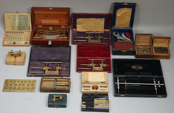 A collection of horologist's/watch maker's precision instruments, including; four brass pivot lathes, cased, drill bits, punches and sundry, (qty).