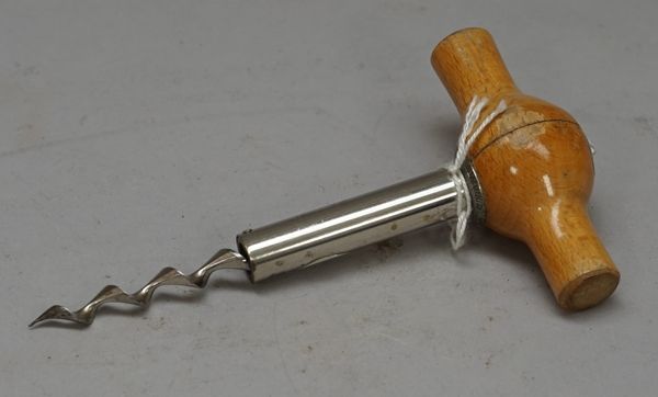 A Swedish nickel plated locking shaft corkscrew, Julius Sloor's 1892 patent ( later version), polished wooden handle, metal top cap and additionally m