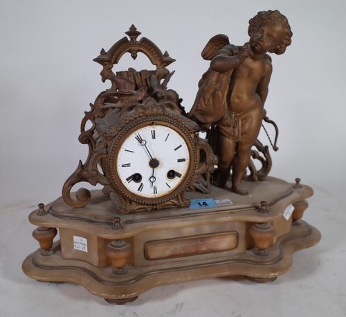 An early 20th century French alabaster and gilt mantel clock 38cm wide, 17cm tall.