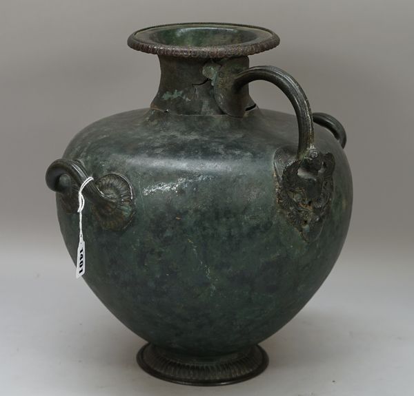 A verdigris patinated metal urn, probably 19th century, the neck handle with 'Angel' cast mount flanked to the body with two further fluted handles on