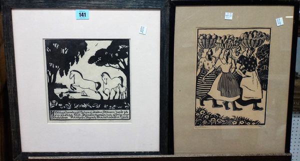 A group of three woodcut prints, including Horses, Market Women, and Jazz, all indistinctly signed, various sizes.(3)