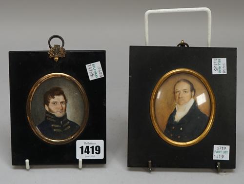 Early 19th century Anglo-Irish school, portrait miniature on ivory of a naval officer, dark blue coat with elaborate gilt detailing, image 7.2cm high,