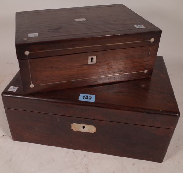 A 19th century rosewood and mother of pearl inlaid writing slope, 35cm wide x 14cm high, (a.f.) and another similar 29cm wide x 11cm high, (2).