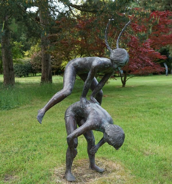 John Robinson (1935-2007), Leapfrog children, bronze, 153cm high. DDSIllustrated One shown at the Royal Academy Summer Exhibition 1983.