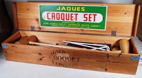 Jacques; a 20th century croquet set within a pine case, 110cm wide x 19cm high.