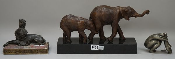 A modern elephant group, on a polished black granite plinth (33cm wide), a modern Henry Moore style figural bronze by Vanessa Pooley, depicting parent