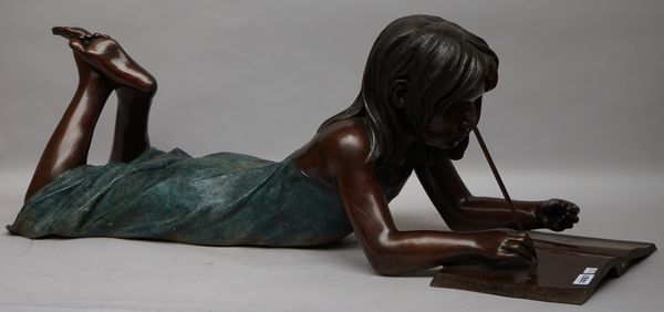 Jonathan Wylder (b. 1957), Claudia, signed, bronze with blue part patination, 48cm high x 102cm wide. DDS