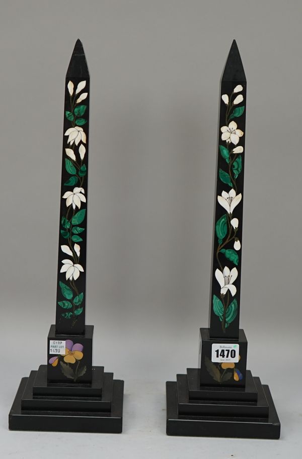 A pair of Victorian black and foliate inlaid marble obelisks, on stepped square plinths, 44cm high, (2).