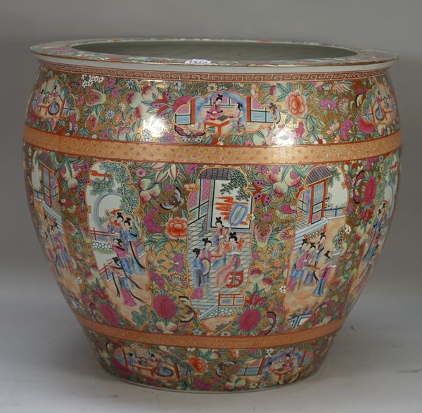 A large Chinese jardiniere, Canton, mid-late 20th century, famille verte gilt decorated with figures, painted mark to base, 46cm high,