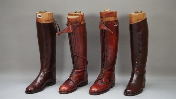 Three pairs of gentlemen's brown leather riding boots and one smaller pair, (4 pairs).