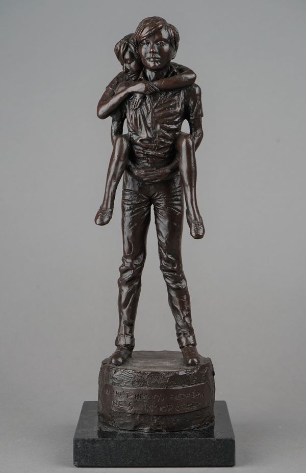 Enzo Maria Plazzotta (1921-1981), He Ain't Heavy, Father, He's M' Brother, stamped 'Plazzotta 1.2', bronze on marble base, 33cm high. DDS Illustrated