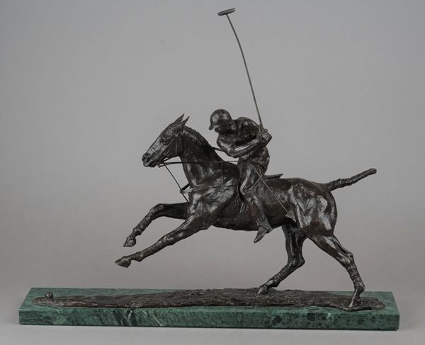 Lorne Mckean (b. 1939) 'Adolfo Cambiaso on Aiken Cura', signed and dated 'Lorne Mckean 71' bronze on green marble base, 41cm high. DDS Illustrated