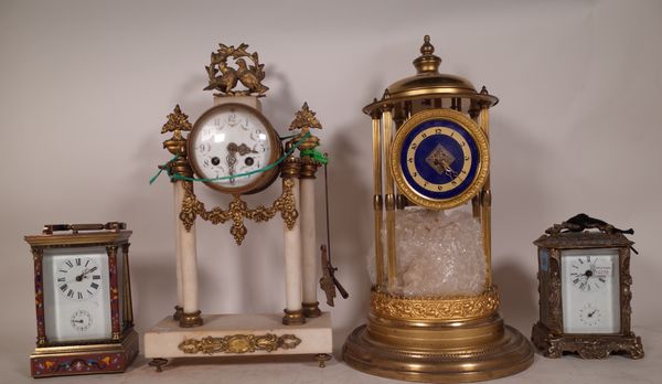 Horological interest, comprising; two carriage clocks, French portico clock and 400 day clock (no dome).