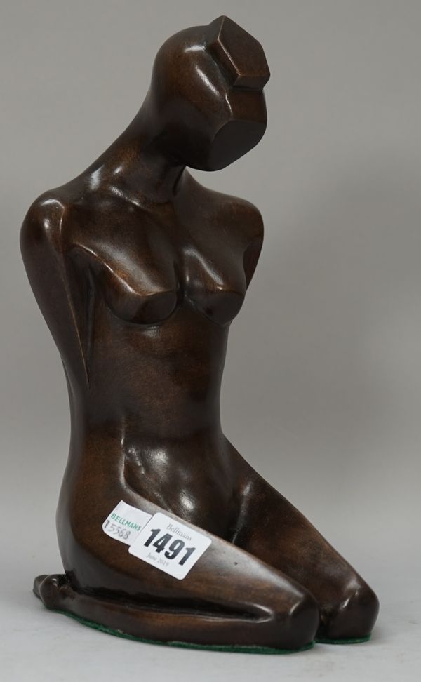 Ulwen; a modern patinated bronze, abstract, female nude, modelled kneeling, hands behind her back, signed, 26cm high. DDS