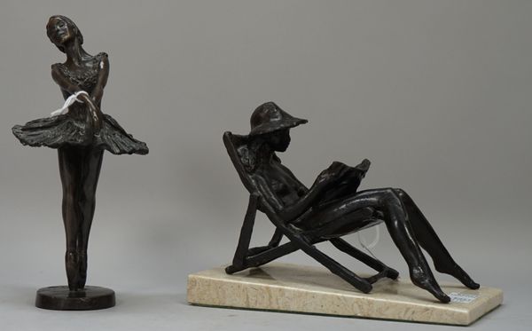 Sydney Harpley (British 1927-1922) bronze female nude, modelled in a deck chair, reading a book, signed 'Harpley 10/12' to the rear (17cm wide) on a m