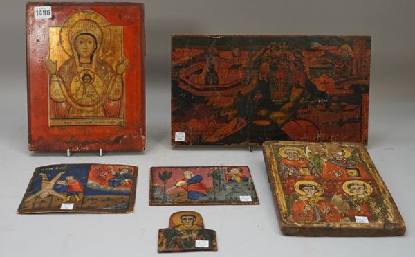 A 20th century Russian Icon depicting Mary and Child, 27.5cm x 22cm, and five further decorative icons, (6).