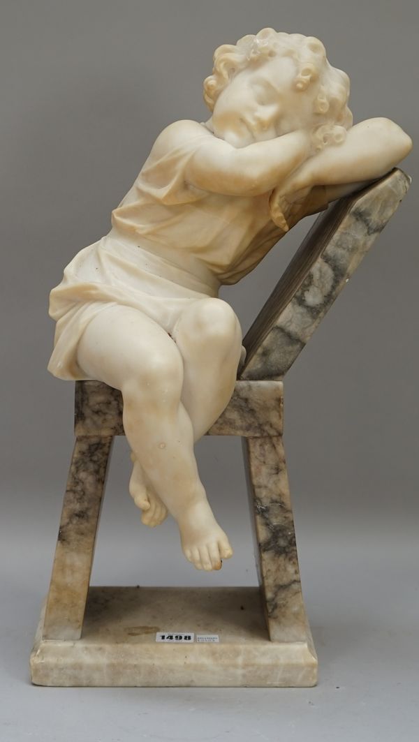 An alabaster figure of a young girl, late 19th century, modelled seated sleeping on the back of a marble chair on a chamfered plinth, (a.f.).