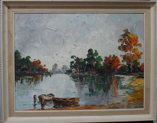 H. F. Borton (20th century), River scene, oil on board, signed, 43cm x 58cm.