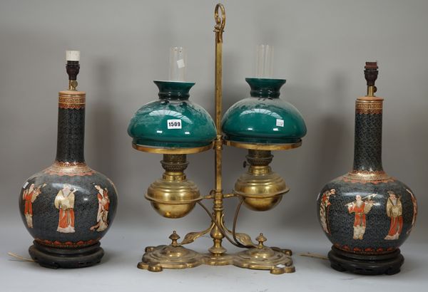 A Victorian style brass twin bouillotte table lamp with adjustable green glass shades, 63cm high and a pair of modern Chinese porcelain bottle neck va