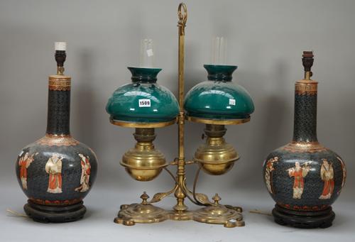 A Victorian style brass twin bouillotte table lamp with adjustable green glass shades, 63cm high and a pair of modern Chinese porcelain bottle neck va