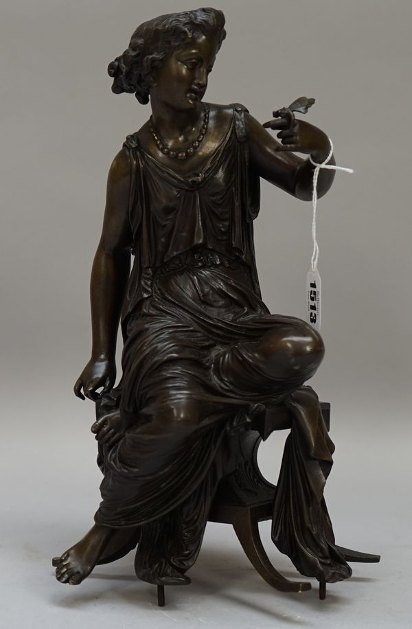 In the manner of Pradier, a seated figural bronze depicting Sappho, late 19th century, modelled on a stool with a butterfly on her left hand, unsigned