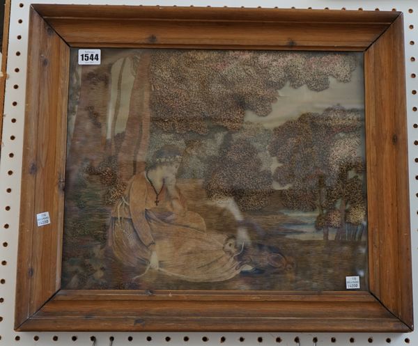 A 19th century woolwork picture on silk depicting a young lady and her dog against a landscape, in a glazed pine frame, 42cm x 34cm, a Regency silkwor